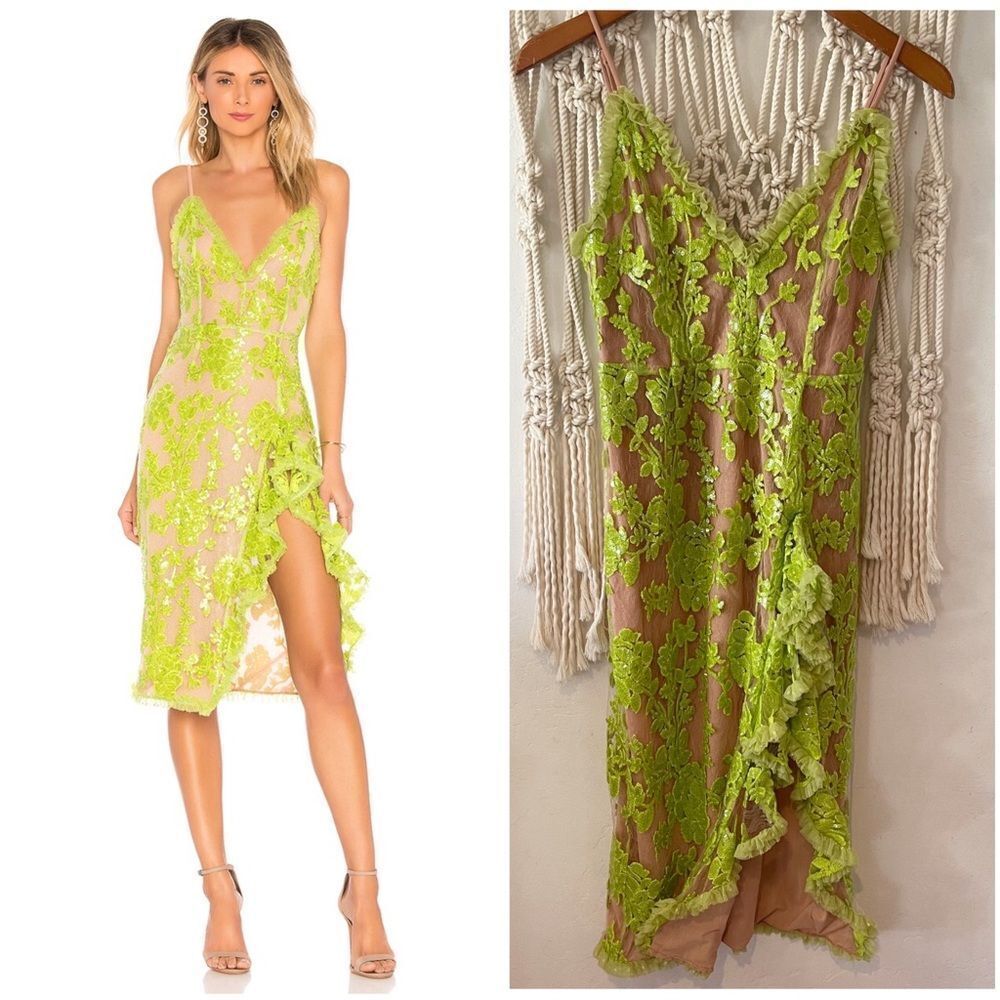 NBD Dragon Fly Midi Strappy Dress - SZ SM - Wedding Guest Green Cosplay Fairy